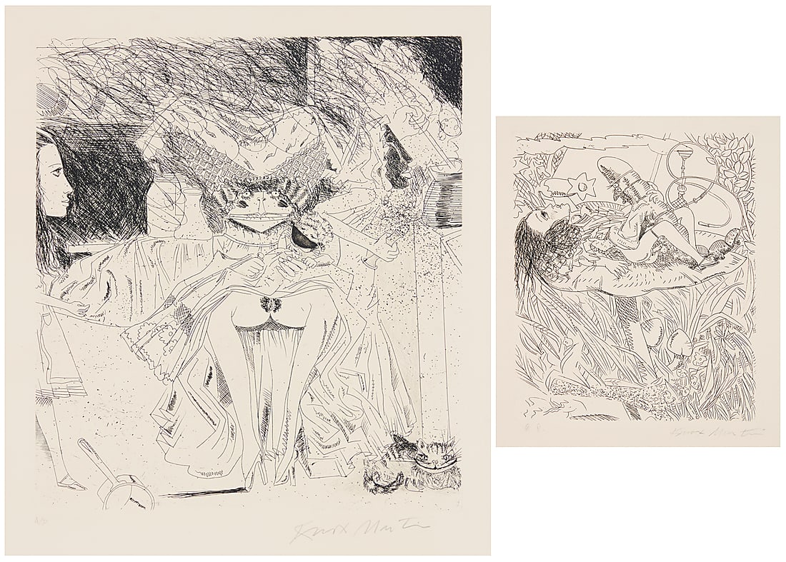 Knox Martin, (1923-2022): Knox Martin (1923-2022) Two works: "Alice In Wonderland: Hookah Smoking Caterpillar," circa 1972 Etching on wove paper An artist's proof (aside from the edition of 50) Signed and inscribed "A.P." in p