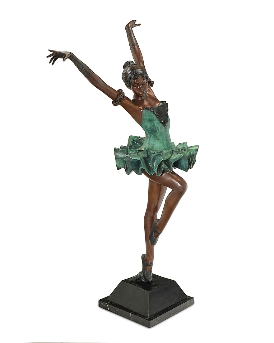 After Pierre Le Faguays (1892-1962), Ballerine: After Pierre Le Faguays (1892-1962) Ballerine Patinated and cold-painted verdigris bronze Signed in the casting of base: A. Fayral Bronze height 77 3/4 in., width 40 in., depth 24 in. approximately;