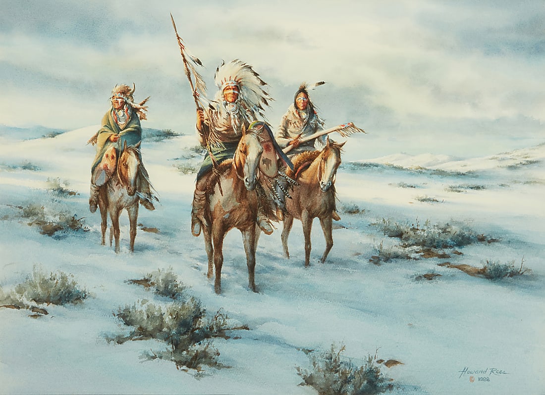 Howard Rees (b. 1941), Native Americans on horseback in a winter landscape, 1988: Howard Rees (b. 1941) Native Americans on horseback in a winter landscape, 1988 Watercolor on paper Signed and dated lower right: Howard Rees / © 1988 Sight: 20 1/2 x 28 3/4 in.