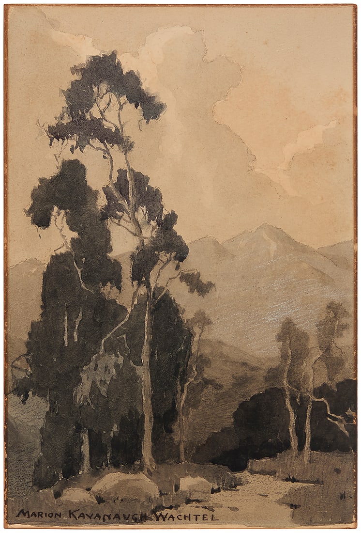 Marion Kavanagh Wachtel (1876-1954), Eucalyptus landscape: Marion Kavanagh Wachtel (1876-1954) Eucalyptus landscape Watercolor, pencil, and pastel on thick paper Signed lower left: Marion Kavanaugh Wachtel; signed again, titled, and inscribed in pencil