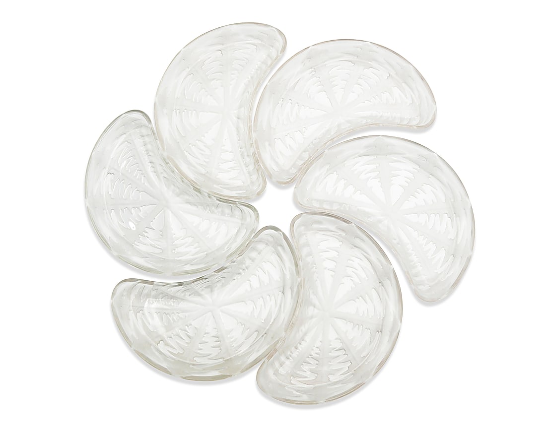 A set of six Rene Lalique glass 'Pissenlit' crescent dishes: A set of six Rene Lalique glass 'Pissenlit' crescent dishes Second quarter 20th century Originally designed 1921 Each debossed: R LALIQUE 6 pieces Width of each 8 1/8 in., depth 5 1/4 in.