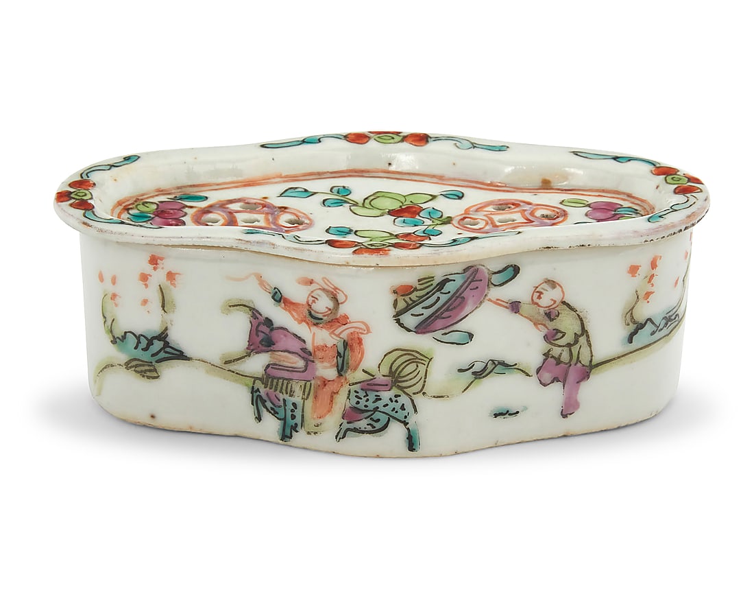 A Chinese qianjiangcai enameled porcelain cricket cage box: A Chinese qianjiangcai enameled porcelain cricket cage box Late Qing dynasty (1644-1912) or later Applied wax export seal to underside With perforated lid painted with floral motifs above figures to t