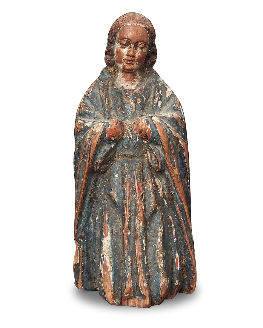 A Continental polychrome carved wood santo: A Continental polychrome carved wood santo 17th/18th century Depicting a robed figure Height 6 1/2 in., width 2 7/8 in., depth 2 5/8 in. Provenance: From the estate of Professor V. A. Kolve, Hollywood