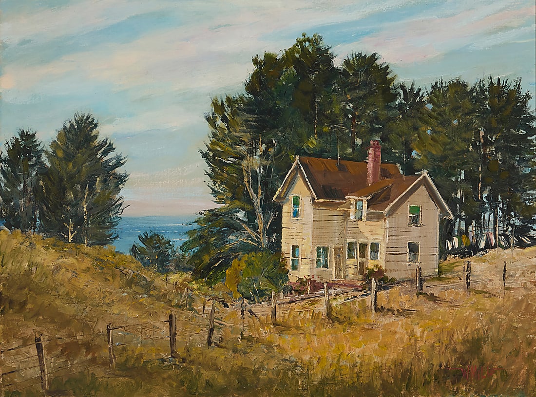 Wilfrid Taylor Mills (1912-1988), "House by the Sea": Wilfrid Taylor Mills (1912-1988) "House by the Sea" Oil on canvasboard Signed lower right: W. Mills; titled in pencil verso 18 x 24 in.