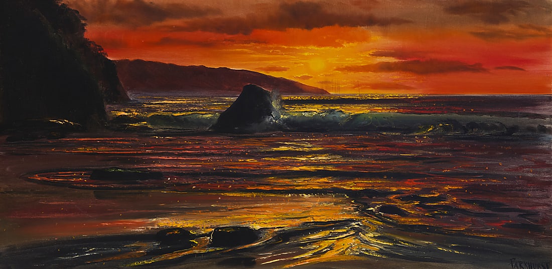 Violet Parkhurst (1921-2008), Ocean sunset, circa late 1970s: Violet Parkhurst (1921-2008) Ocean sunset, circa late 1970s Oil on canvas Signed lower right: Parkhurst 24 x 48 in. Provenance: The Violet Parkhurst Private Collection