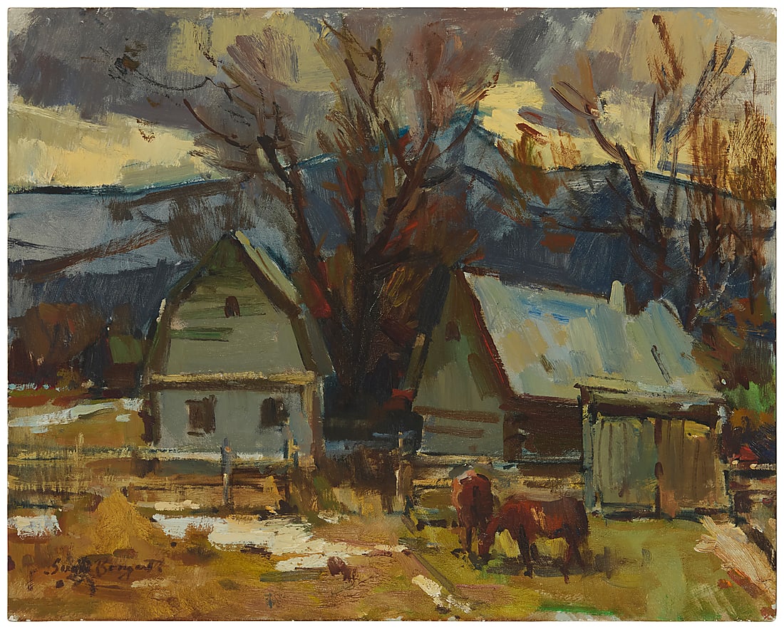 Sergei Bongart (1918-1985), Horses and farm buildings: Sergei Bongart (1918-1985) Horses and farm buildings Oil on canvas Signed lower left: Sergei Bongart 24 x 30 in. Provenance: The Estate of Sergei Bongart