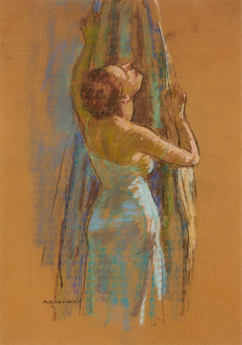Mischa Askenazy (1888-1961), "Woman Closing Drape": Mischa Askenazy (1888-1961) "Woman Closing Drape" Pastel on tan paper Signed lower left: M. Askenazy; with the artist's estate ink stamp hand-numbered "40" on a label affixed to the frame's backing bo