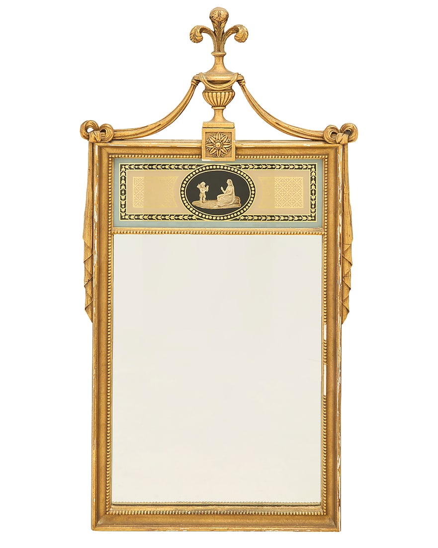 A Regency style gilt and painted mirror: A Regency style gilt and painted mirror Late 19th/early 20th century With painted classical scene of Cupid and Psyche, the giltwood frame surmounted by an urn issuing three acanthus leaves and drapery