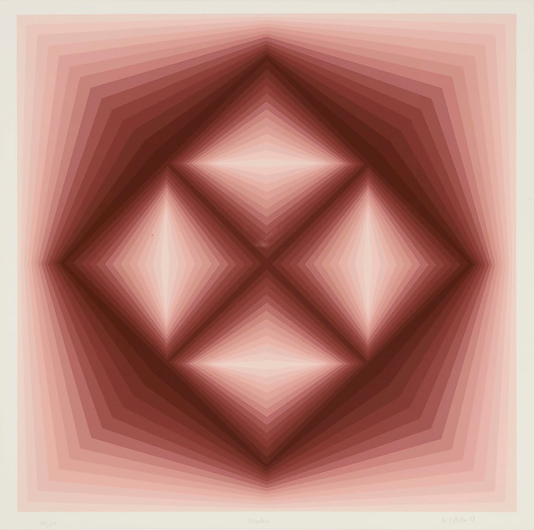 Jurgen Peters (1936-1997), "Nucleus," 1979: Jurgen Peters (1936-1997) "Nucleus," 1979 Screenprint in colors on paper Edition: 184/200 Signed, titled, dated, and numbered in pencil in the lower margin: © J. Peters 79 Image: 23 1/2 x 23 1/2 in.;