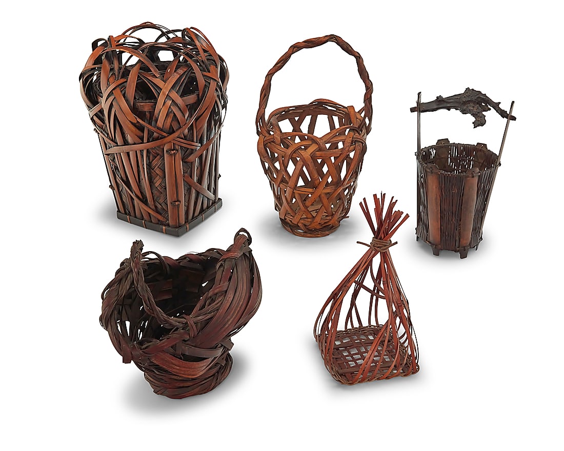 Five Japanese woven bamboo ikebana baskets (1 of 3)