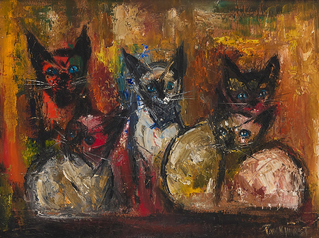 Violet Parkhurst (1921-2008), Group of cats: Violet Parkhurst (1921-2008) Group of cats Oil on Masonite Signed lower right: Parkhurst 18 x 24 in.