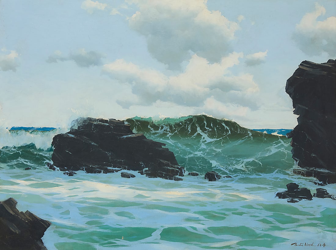 Hunter Wood (1908-1948), Crashing waves, 1937: Hunter Wood (1908-1948) Crashing waves, 1937 Oil on canvas Signed, dated, and with the artist's device lower right: Hunter Wood. 37. 30 x 40 in. Provenance: Private Estate, California