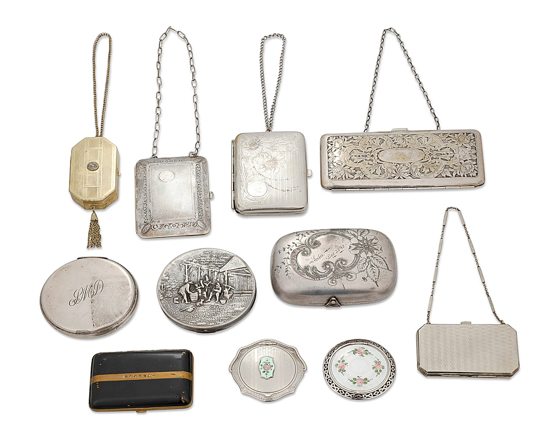 A group of miscellaneous vintage compacts: A group of miscellaneous vintage compacts Early/mid-20th century Comprising eleven mixed metal compacts in various shapes, sizes and styles, each with one or more interior compartments and some with c