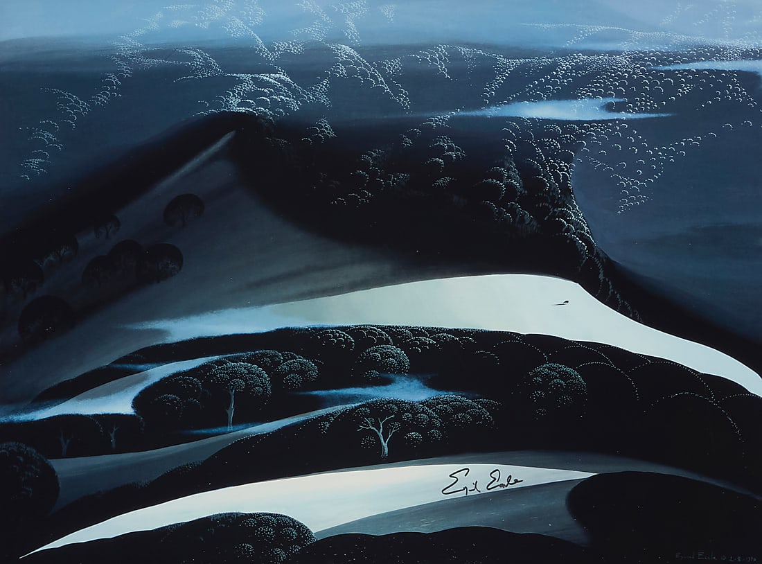 After Eyvind Earle (1916-2000), "Fog Mountain": After Eyvind Earle (1916-2000) "Fog Mountain" Photo offset poster in colors on paper From an edition of unknown but presumably large size Signed in black marker at lower center: Eyvind Earle; titled b