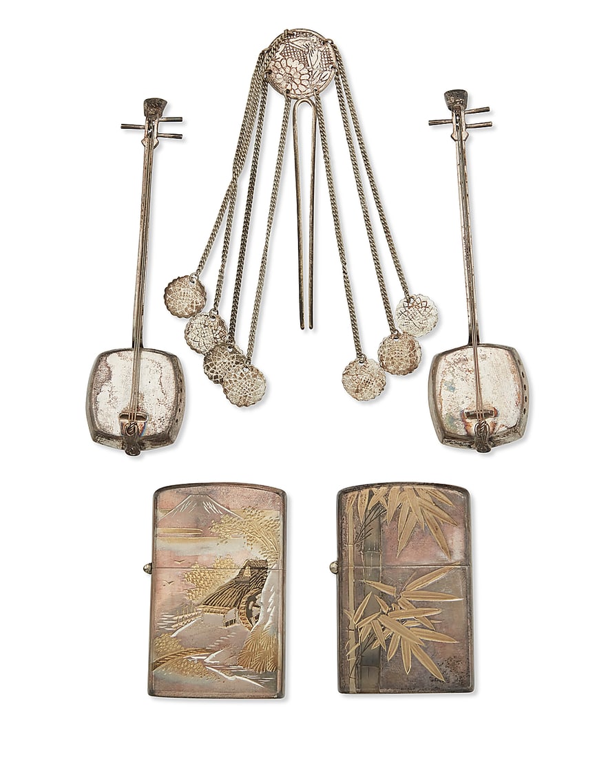 Four Japanese sterling silver table items and a metal hairpin: Four Japanese sterling silver table items and a metal hairpin 20th century Comprising a pair of sterling silver lighter cases, a pair of shamisen-form sterling silver salt and pepper shakers, and a me