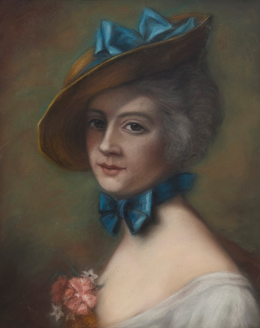 In the Manner of Francois Boucher (1703-1770), Portrait of a woman with a blue ribbon: In the Manner of Francois Boucher (1703-1770) Portrait of a woman with a blue ribbon Pastel on grey paper Unsigned Sight: 17 1/4 x 14 in.