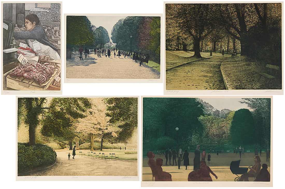 Harold Altman, (1924-2003): Harold Altman (1924-2003) Five works: "Gate, Parc Monceau 1979," 1979 Etching in colors on Arches paper Edition: 38/185 Signed, titled, and numbered in pencil in the lower margin: Altman "Child"
