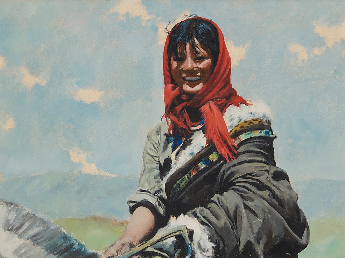 Kuang Xu (b. 1938), Smiling girl: Kuang Xu (b. 1938) Smiling girl Oil on canvas mounted to board Unsigned 15 x 20 in. Other Notes: Affixed to the frame's backing paper is a photograph, presumably of the artist, and brief biography