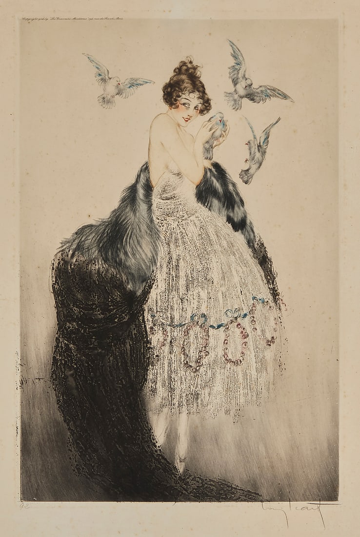 Louis Icart (1888-1950), "Sweet Caress," 1924: Louis Icart (1888-1950) "Sweet Caress," 1924 Etching, drypoint, and aquatint in colors with hand-coloring on paper From the edition of unknown size Signed and numbered in pencil in the lower corners