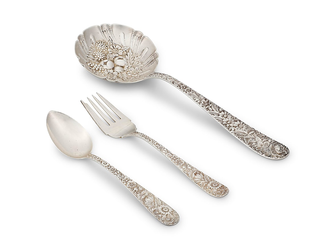 A Kirk & Son sterling silver 'Repousse' part flatware service: A Kirk & Son sterling silver 'Repousse' part flatware service Mid-20th century Each with factory marks for sterling Comprising: 6 salad forks (6 1/4 in.) 6 teaspoons (5 7/8 in.) 1 berry spoon (9 1/4