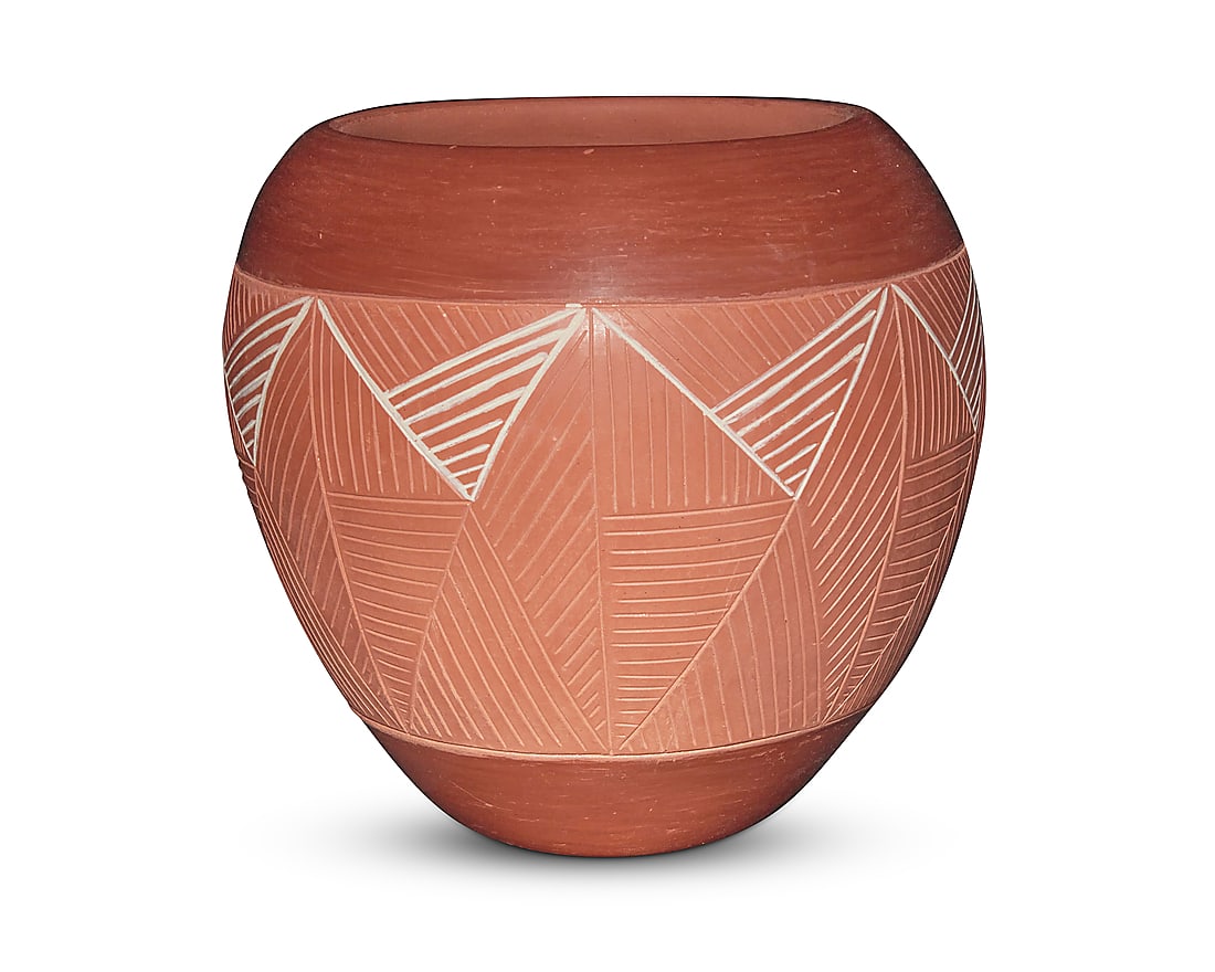 Rosita de Herrera (b. 1940, San Juan Pueblo), A redware pottery jar, late 20th/early 21st century: Rosita de Herrera (b. 1940, San Juan Pueblo) A redware pottery jar, late 20th/early 21st century Signed and inscribed to underside: Rosita De Herrera / San Juan Pueblo / N.M. The jar with a band of