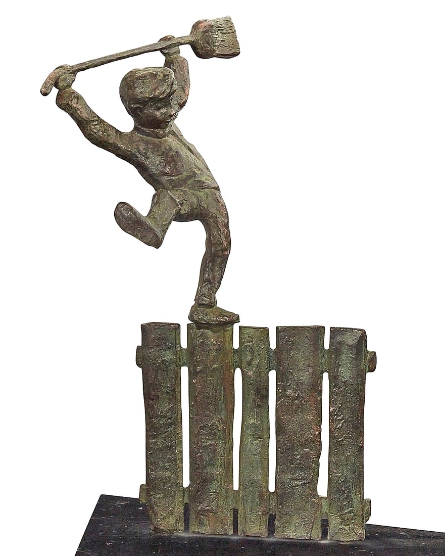 After Henri Bouchard (1875-1960), "Boy on Fence," modeled circa 1907, cast 1968: After Henri Bouchard (1875-1960) "Boy on Fence," modeled circa 1907, cast 1968 Verdigris patinated bronze on painted wood plinth Edition: 353/900 signed and dated in the casting: Bouchard 68 ©; impre