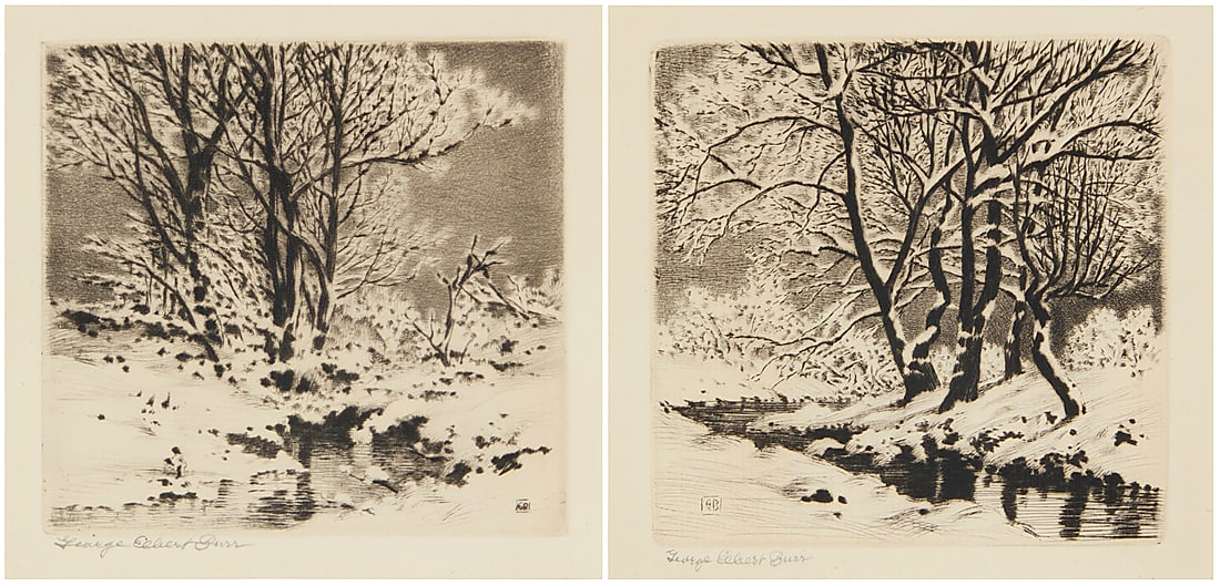 George Elbert Burr (1859-1939), Two works: "Winter Creek," and "First Snow," circa 1914: George Elbert Burr (1859-1939) Two works: "Winter Creek," and "First Snow," circa 1914 Each: Drypoint and etching on wove paper Each: Signed in pencil in the lower margin, at left: George Elbert Burr