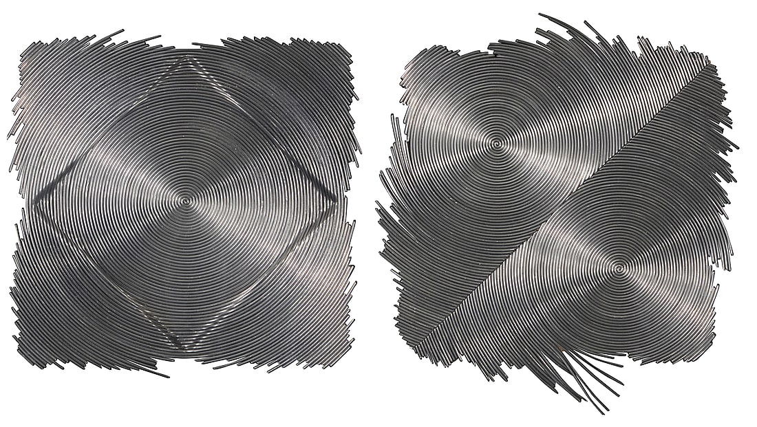 Aijiro Wakita, (b. 1942): Aijiro Wakita (b. 1942) Two works: "Quartered Square," from the "Sixteen Spiral Series," 1973 Lead and tin wire on wood Appears unsigned; titled and dated on a label on the frame’s backing board: