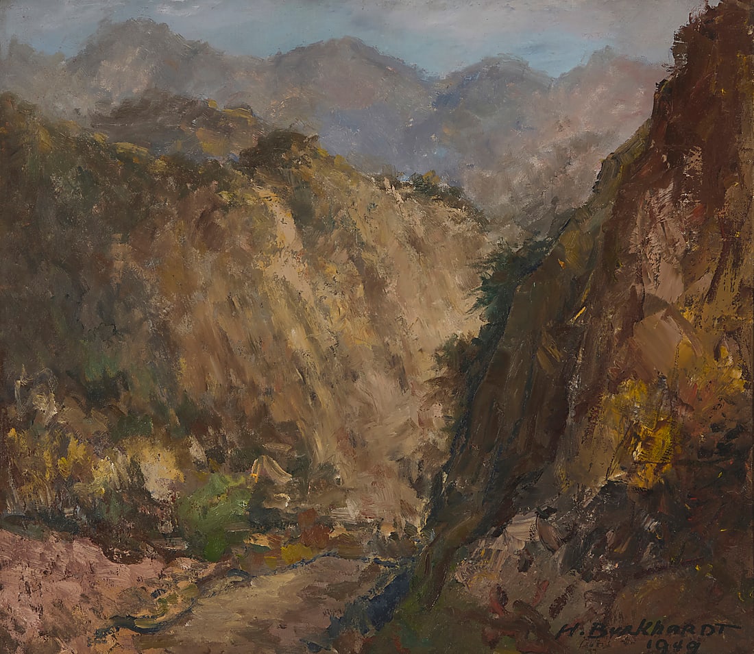 Hans Burkhardt (1850-1910), Mountain landscape, 1949: Hans Burkhardt (1850-1910) Mountain landscape, 1949 Oil on canvas Signed lower right: H. Burkhardt / 1949; signed again and inscribed verso: "To my friend Werner" 22 x 25 in. Provenance: Private