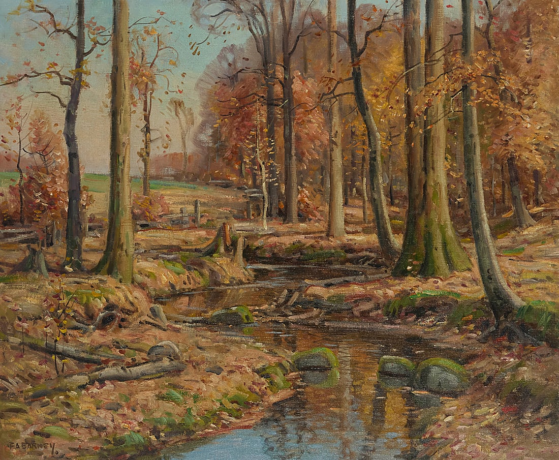 Frank A. Barney (1862-1954), Forest landscape with stream: Frank A. Barney (1862-1954) Forest landscape with stream Oil on canvas Signed lower left: FA Barney. 25 x 30 in.