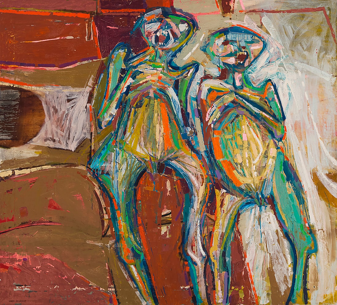 Lundy Siegriest (1925-1985), "Two Mummies," circa 1955: Lundy Siegriest (1925-1985) "Two Mummies," circa 1955 Oil and wax on canvas Signed lower left: Lundy Siegriest; signed again, titled, inscribed "oil & wax" and with the artist's Oakland, CA address,