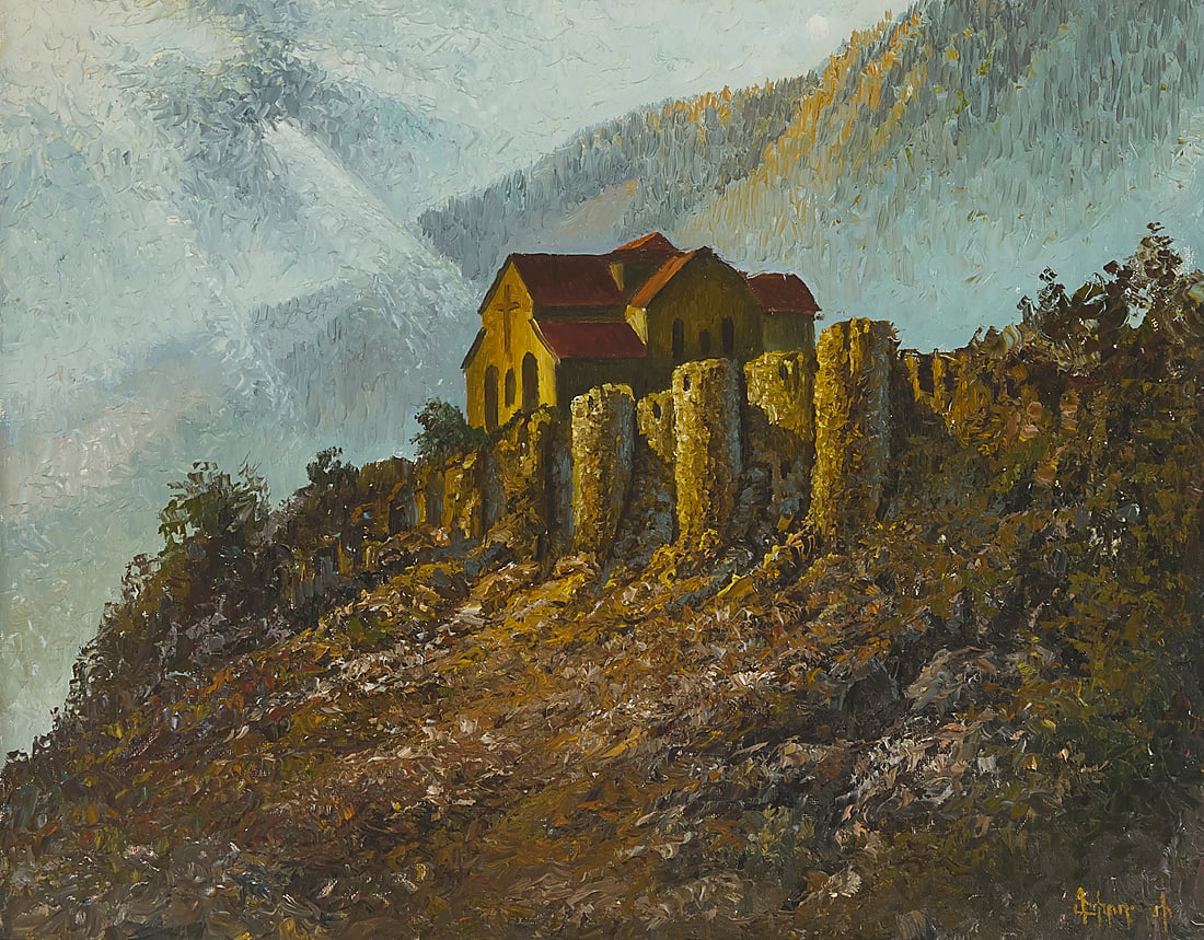Firdusy Zakaryan (20th Century), "Akhtala": Firdusy Zakaryan (20th Century) "Akhtala" Oil on canvas Signed in Armenian lower right: Firdusy; signed again and titled in Armenian, verso 22 x 28 in.