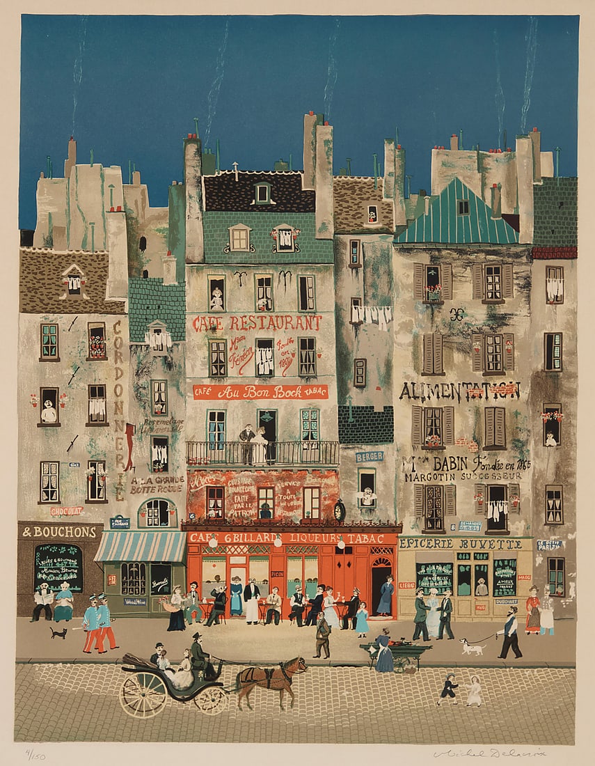 Michel Delacroix (b. 1933), "Au Bon Bock," 1978: Michel Delacroix (b. 1933) "Au Bon Bock," 1978 Lithograph in colors on paper Edition: 4/150 Signed and numbered in pencil in the lower margin: Michel Delacroix Image: 25 1/4 x 19 1/4 in.; Sight: 26