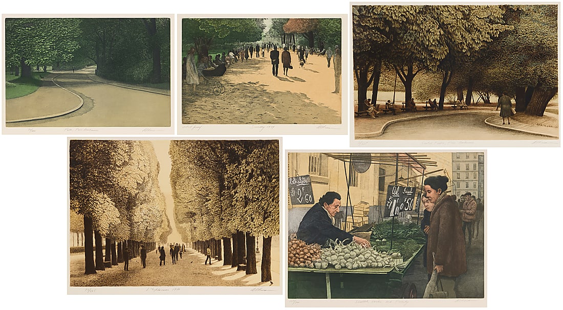 Harold Altman, (1924-2003): Harold Altman (1924-2003) Five works: "Path, Parc Montsouris" Aquatint and etching in colors on wove paper Edition: 72/200 Signed, titled, and numbered in pencil in the lower margin: Altman "Sunday
