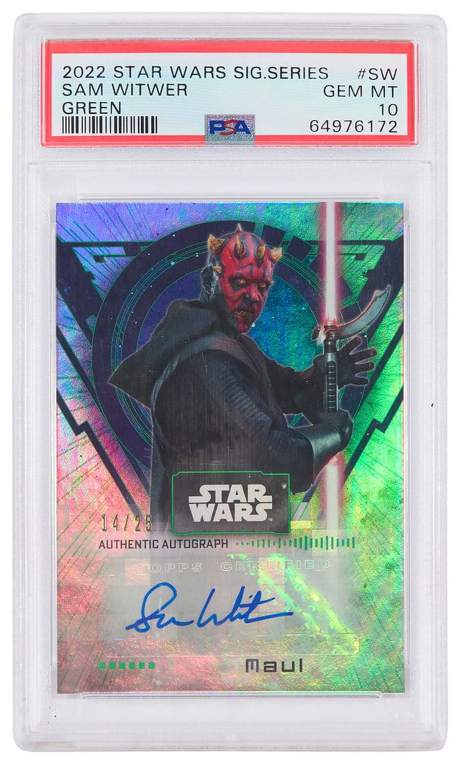 Sam Whitwer Green Darth Maul 2022 Star Wars Signature Series #SW Signed Topps Card: Sam Whitwer Green Darth Maul 2022 Star Wars Signature Series #SW Signed Topps Card Edition 14/25 Gem MT Grade 10 card autographed by Sam Whitwer, encased in a plastic mount and with PSA Authentication