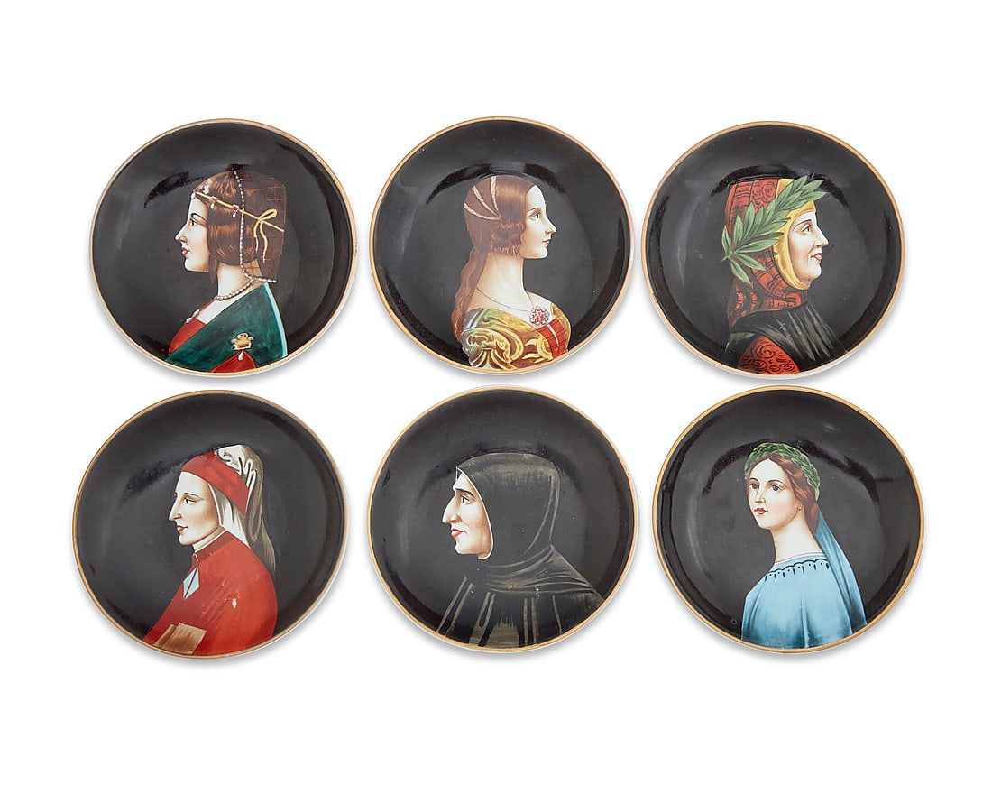 Six Richard Ginori porcelain plates: Six Richard Ginori porcelain plates Mid/late 20th century Each stamped with now obscured factory marks and all but one labeled for subject depicted Comprising "Dante," "Savonarola," "B. Portinari,"