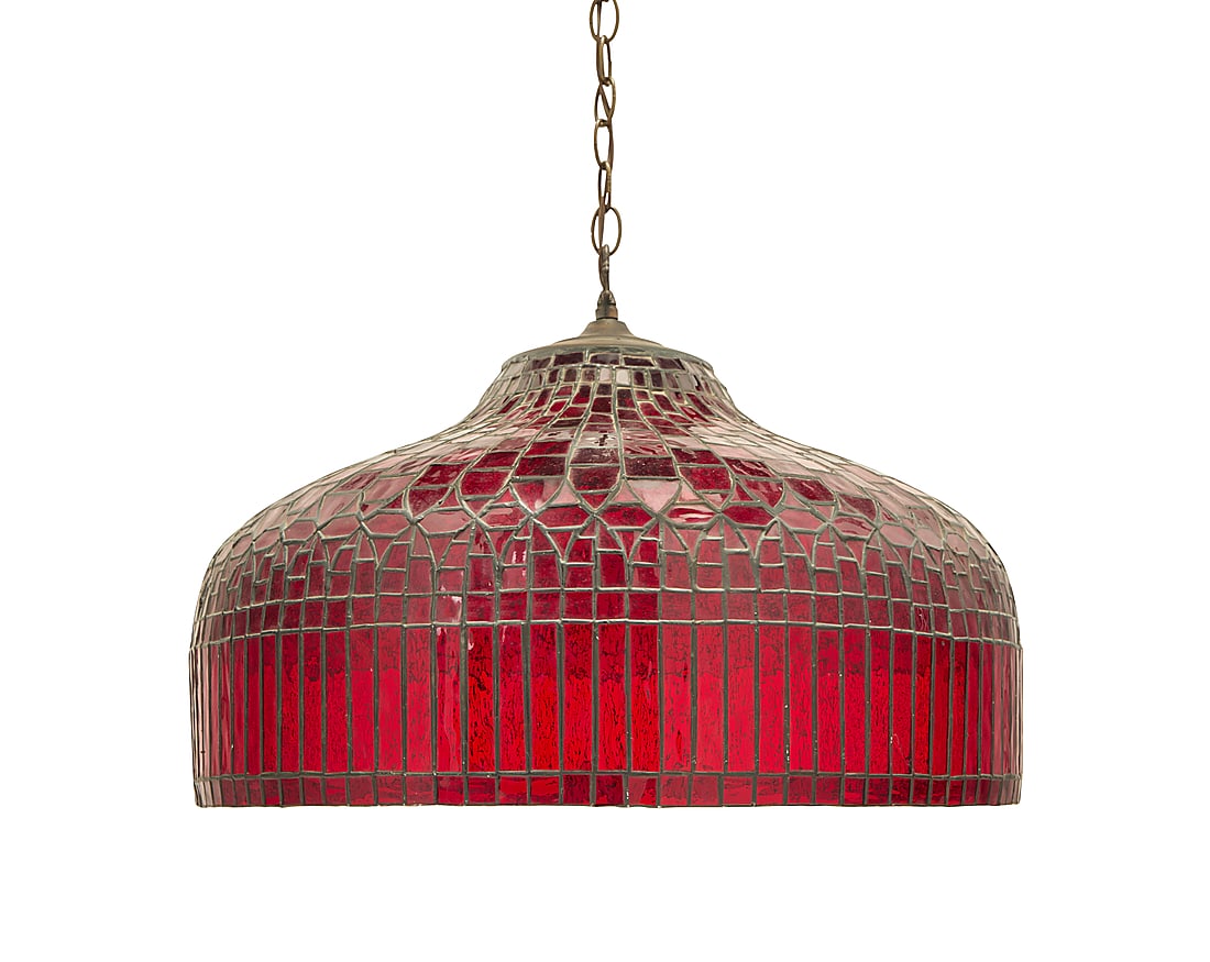 A leaded glass hanging lamp: A leaded glass hanging lamp Mid/late 20th century Unmarked With curtain border and a single light, electrified Height without chain 15 1/2 in., diameter 23 in.