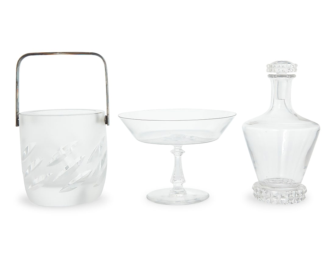 Three glass table items: Three glass table items Late 20th/early 21st century Each etched with factory mark Comprising: St. Louis 'Diamant' stopped bottle (height 7 1/2 in., diameter 4 in.) Val St. Lambert 'Concerto' compote 
