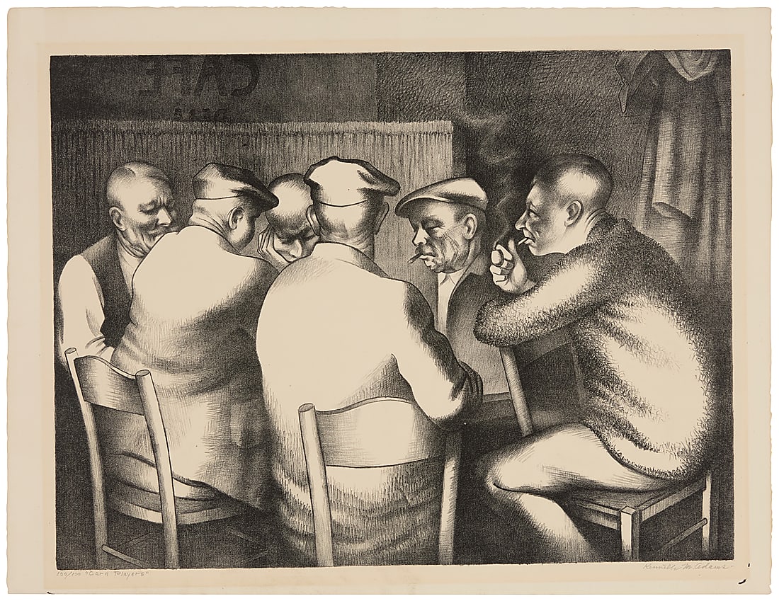 Kenneth Miller Adams (1897-1966), "Card Players," 1959: Kenneth Miller Adams (1897-1966) "Card Players," 1959 Lithograph on wove paper Edition: 100/100 Signed, titled, and numbered in pencil in the lower margin: Kenneth M. Adams Image: 17 1/2 x 23 1/8