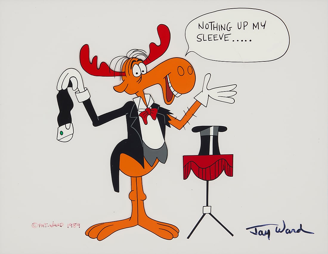Jay Ward (1920-1989), "Nothing Up My Sleeve" (A Bullwinkle animation cel): Jay Ward (1920-1989) "Nothing Up My Sleeve" (A Bullwinkle animation cel) Paint on celluloid Signed lower right: Jay Ward; dated "1989" and inscribed "© Pat. Ward" lower left Sight: 9 x 11 1/2 in.