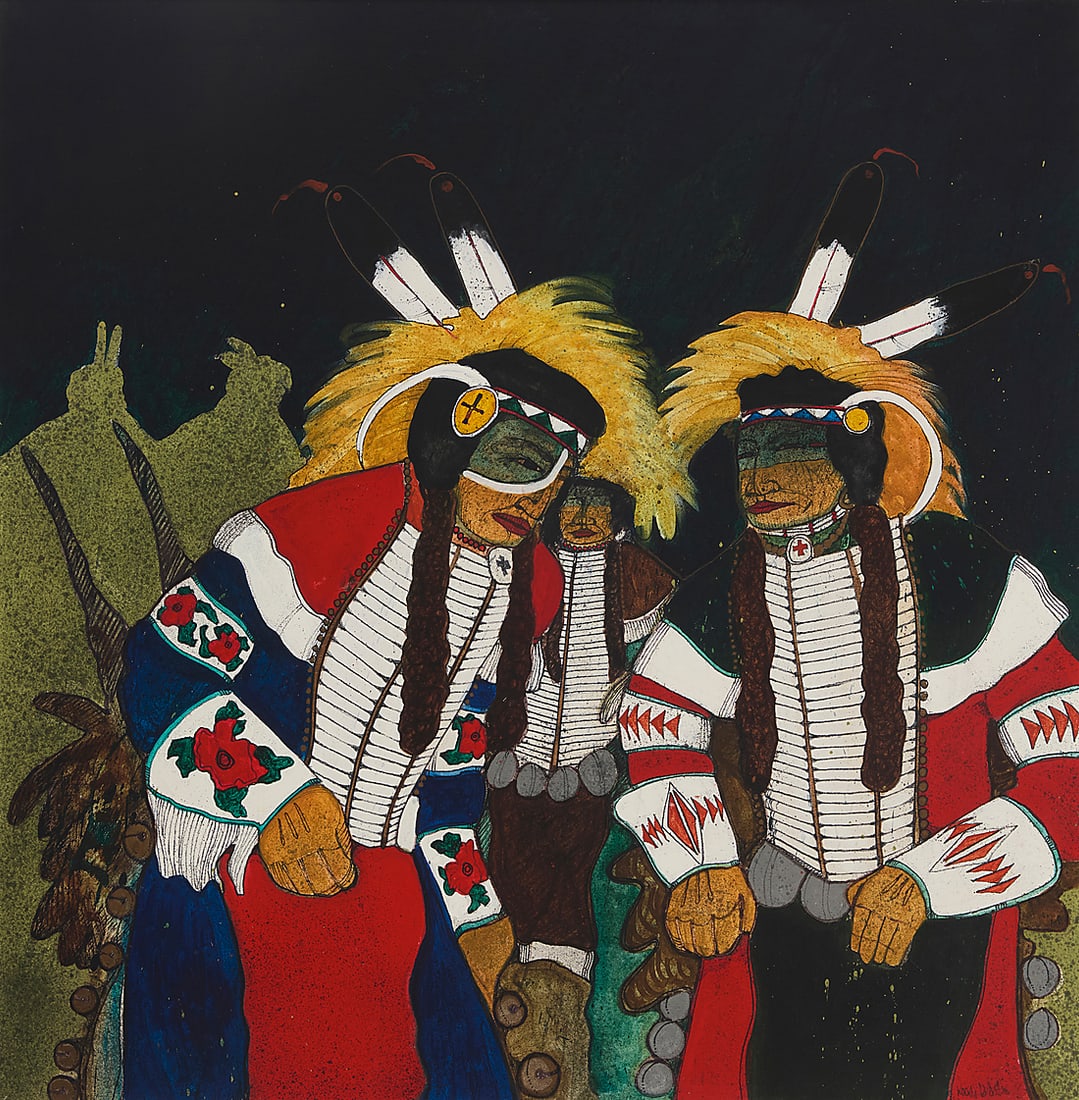 Kevin Red Star (b. 1943, Crow), "Two Hot Dancers" (Crow), 1979: Kevin Red Star (b. 1943, Crow) "Two Hot Dancers" (Crow), 1979 Oil and ink on canvas Signed lower right: Kevin Red Star; signed again, titled, dated "1979," and inscribed "Santa Fe - NMX," all verso 36