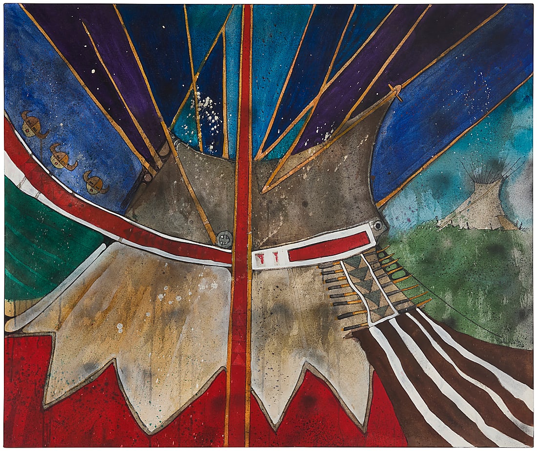 Kevin Red Star (b. 1943, Crow), "Summer Home," 1972: Kevin Red Star (b. 1943, Crow) "Summer Home," 1972 Acrylic on canvas Signed and dated lower right: Kevin Red Star / 1972; titled verso 44 1/4 x 54 in. Other Notes: Kevin Red Star was born on the