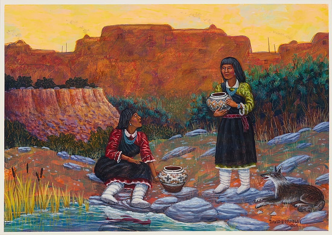 David Paul Bradley (b. 1954, Chippewa), "New Mexico Sunrise," 1989: David Paul Bradley (b. 1954, Chippewa) "New Mexico Sunrise," 1989 Acrylic on paper mounted to paper Signed, dated, and inscribed lower right: David P. Bradley / © 89; signed and dated again, as well 