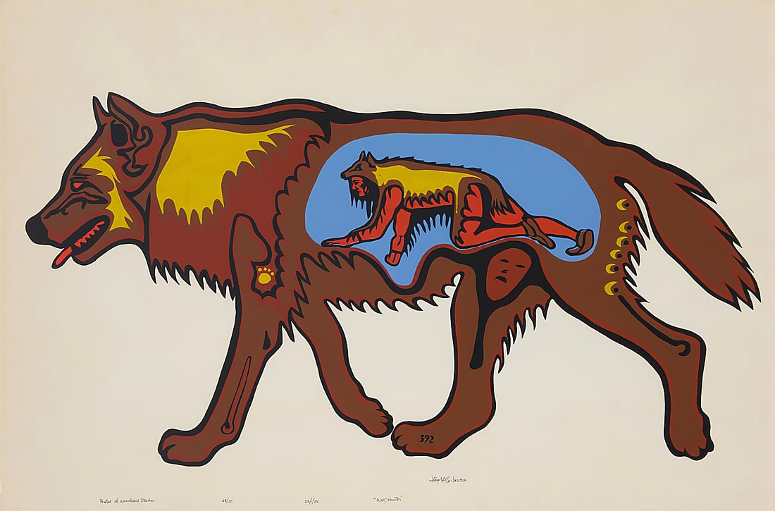 Lloyd Caibaiosai (1947-1975, Ojibway), "Wolf Hunter," 1975: Lloyd Caibaiosai (1947-1975, Ojibway) "Wolf Hunter," 1975 Screenprint in colors on laid paper Edition: 68/100 Signed, titled, dated, numbered, and inscribed, "Printed at Woodland Studio," all in ink i