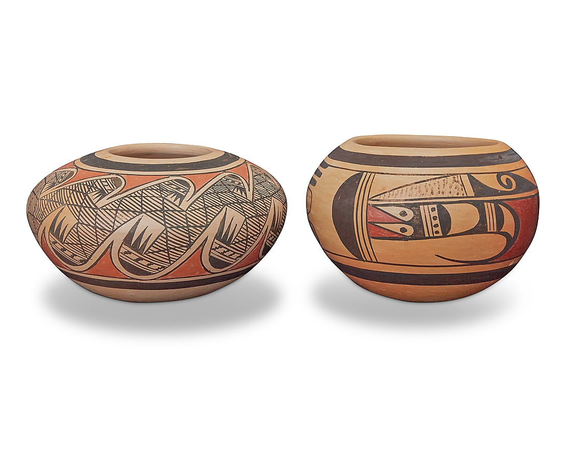 Fannie Nampeyo (1900-1987, Hopi First Mesa), Two polychrome pottery jars, circa 1960s (1 of 6)