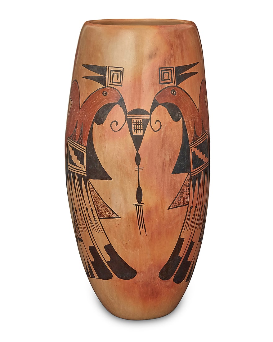 Priscilla Namingha Nampeyo (1924-2008, Hopi-Tewa), A polychrome pottery yellowware vase: Priscilla Namingha Nampeyo (1924-2008, Hopi-Tewa) A polychrome pottery yellowware vase Painted with four red and brown parrot motifs on cream slip ground Signed to underside: Priscilla Namingha