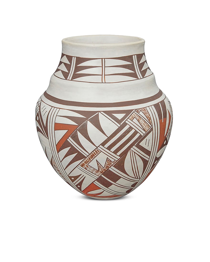 Joy Navasie (Frog Woman) (1919-2012, Hopi-Tewa), A polychrome pottery vase: Joy Navasie (Frog Woman) (1919-2012, Hopi-Tewa) A polychrome pottery vase With red and brown geometric motifs on white slip ground Painted with artist's frog device to underside Height 9 in., diameter