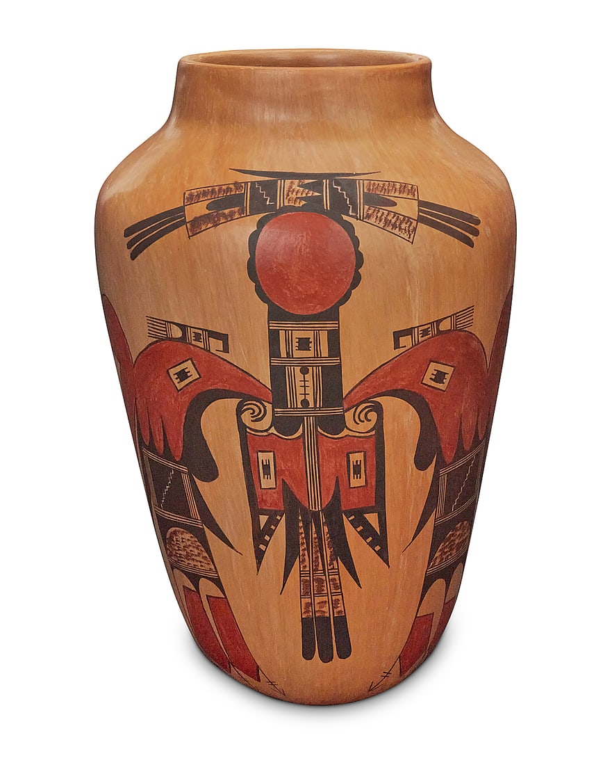 Jean Sahmie Nampeyo (b. 1949, Hopi-Tewa), A polychrome yellowware pottery vase: Jean Sahmie Nampeyo (b. 1949, Hopi-Tewa) A polychrome yellowware pottery vase With rounded bottom, decorated with red and black avian and geometric motifs on cream slip ground Signed in slip to