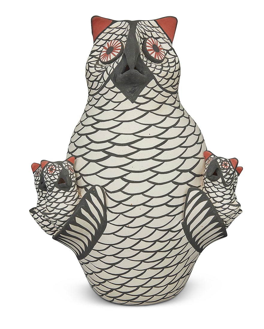 Anita Candelaria (b. 20th century, Zuni Pueblo), A polychrome pottery owl storyteller, late: Anita Candelaria (20th century, Zuni Pueblo) A polychrome pottery owl storyteller, late 20th/early 21st century With red and black painted designs on white slip ground Signed in slip to underside: