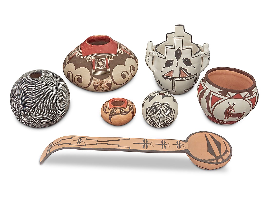 Seven Pueblo pottery items: Seven Pueblo pottery items Seven works: Tonita Nampeyo (1934-2020, Hopi-Tewa) A polychrome jar painted with red and brown avian and geometric motifs on white slip ground Signed in slip to underside: